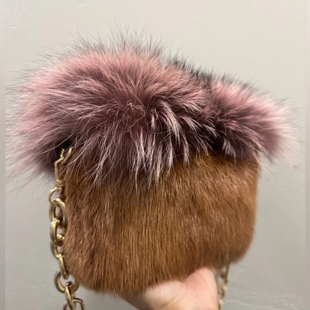 Handmade Real Mink Fur with Finn Raccoon Fur Foldover Flap Bag & 2 Strap Styles